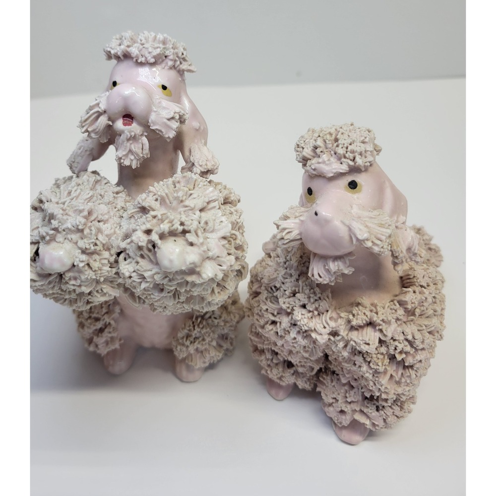 Vintage Pink Poodle Figurines, Spaghetti Trim Dog Decor,‎ Set of 2